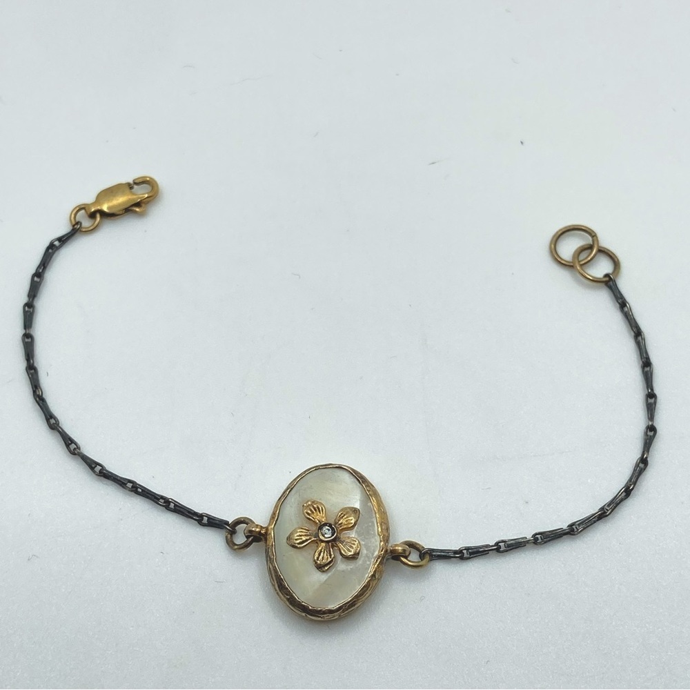 Vtg Sterling & Mop Floral Flower Bracelet Gold Tone Clasp & Centre 6.5”